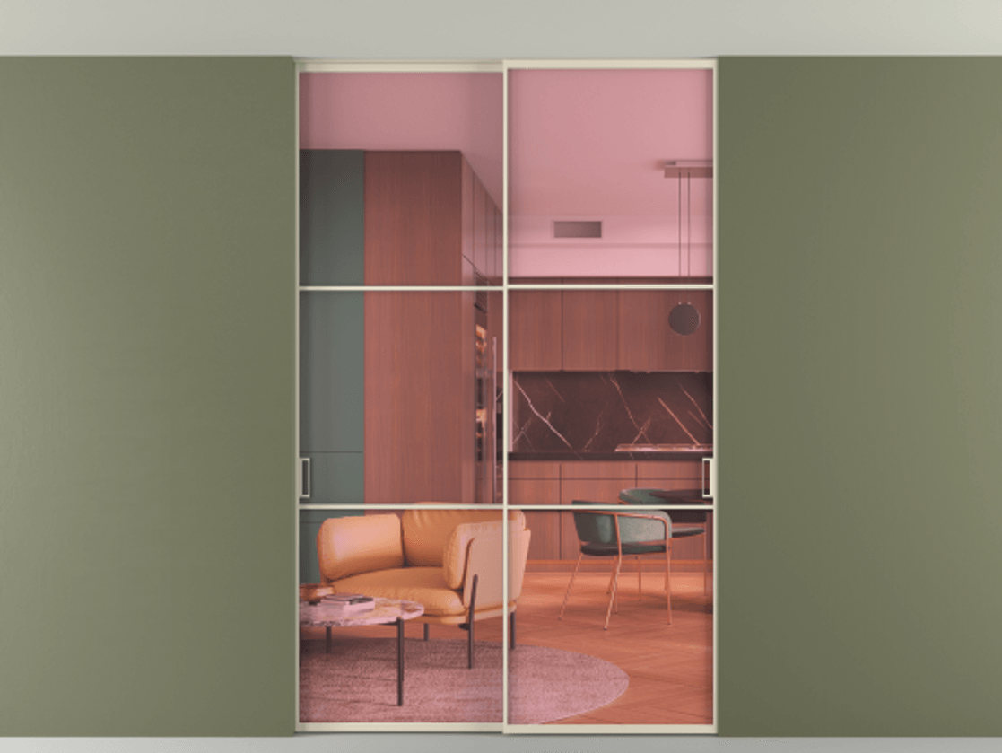 Перегородка Formato внутри проёма скрытое крепление в потолок 2 створки АЛПР 040.03 Алюминий бежево-серый Прозрачное розовое стекло, триплекс Цена 1600400 ₸ | Volhovec