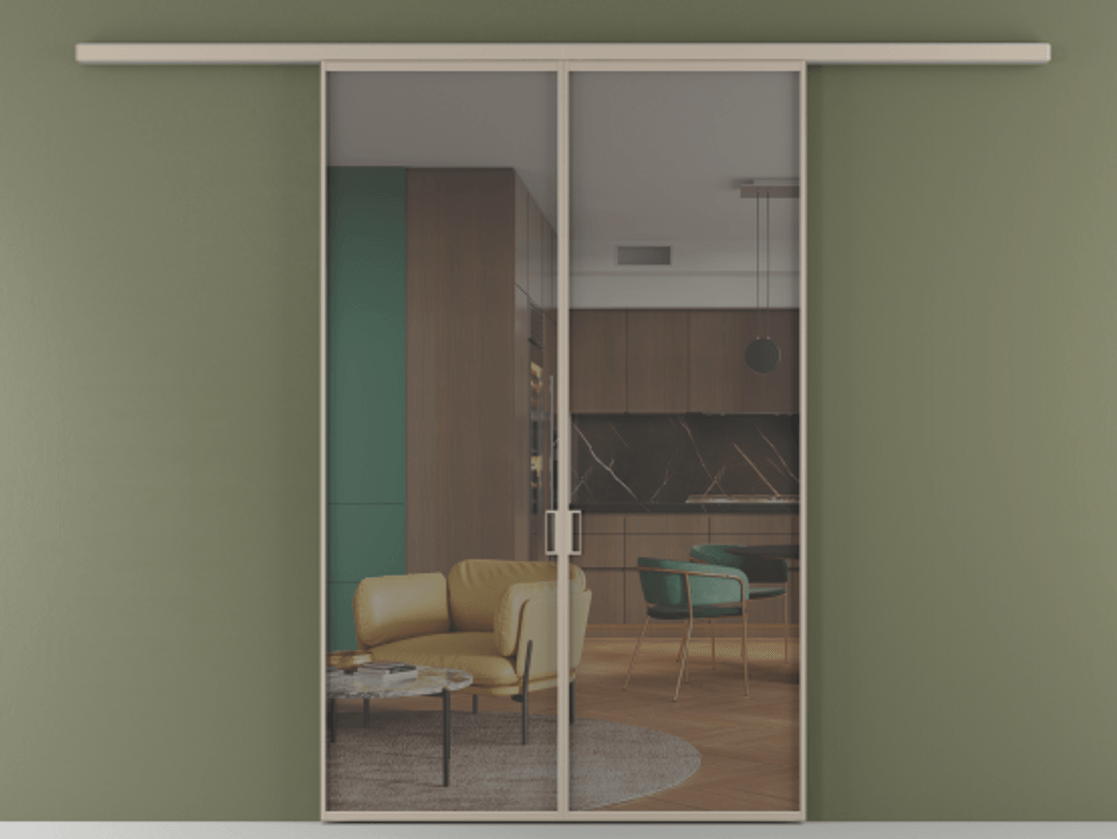 Перегородка Formato вдоль стены двустворчатая АЛПР 040.01 Алюминий бисквитный Прозрачное серое стекло, триплекс Цена 1212560 ₸ | Volhovec