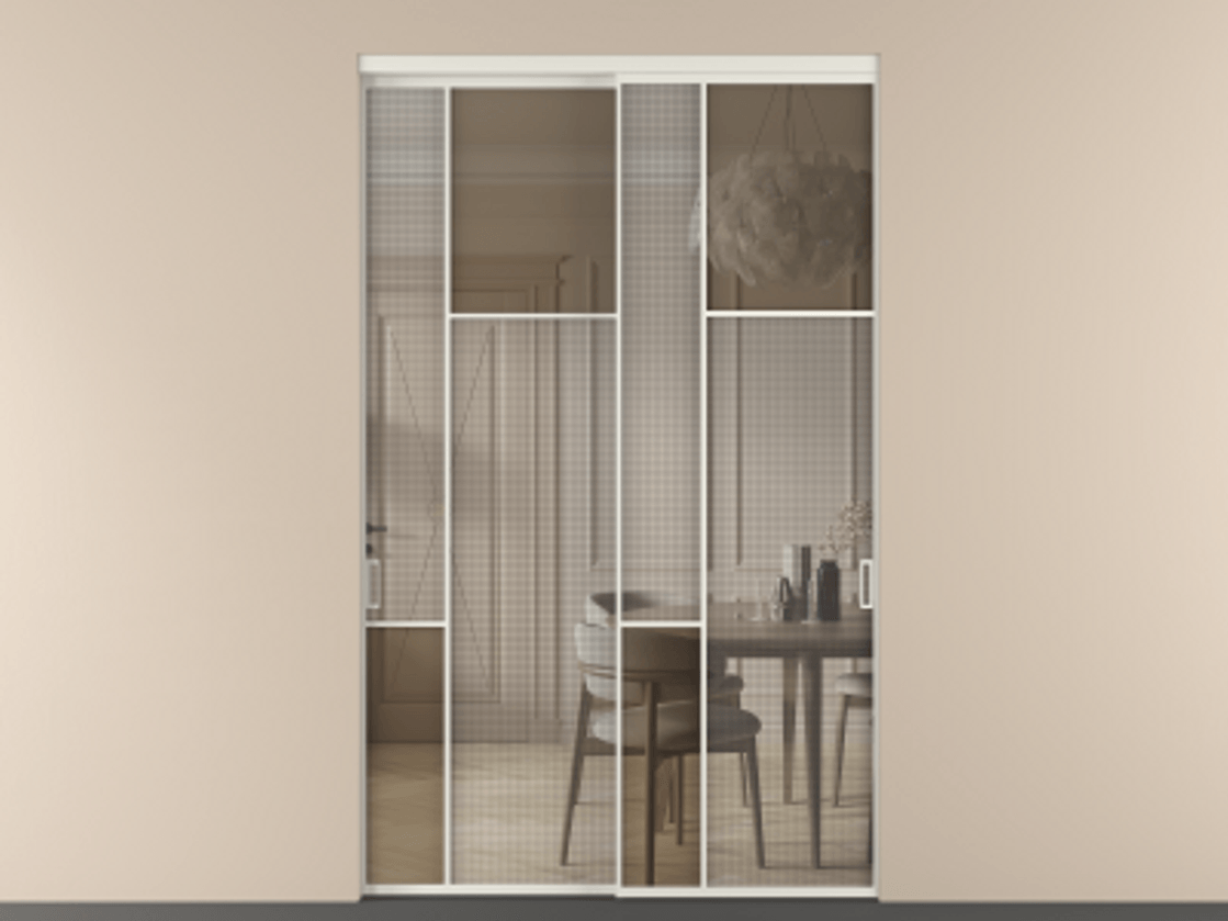 Перегородка Mosaic внутри проема двустворчатая АЛПР 041.11 Алюминий Белый Mesh silver + Бронза прозрачное триплекс Цена 1418730 ₸ | Volhovec