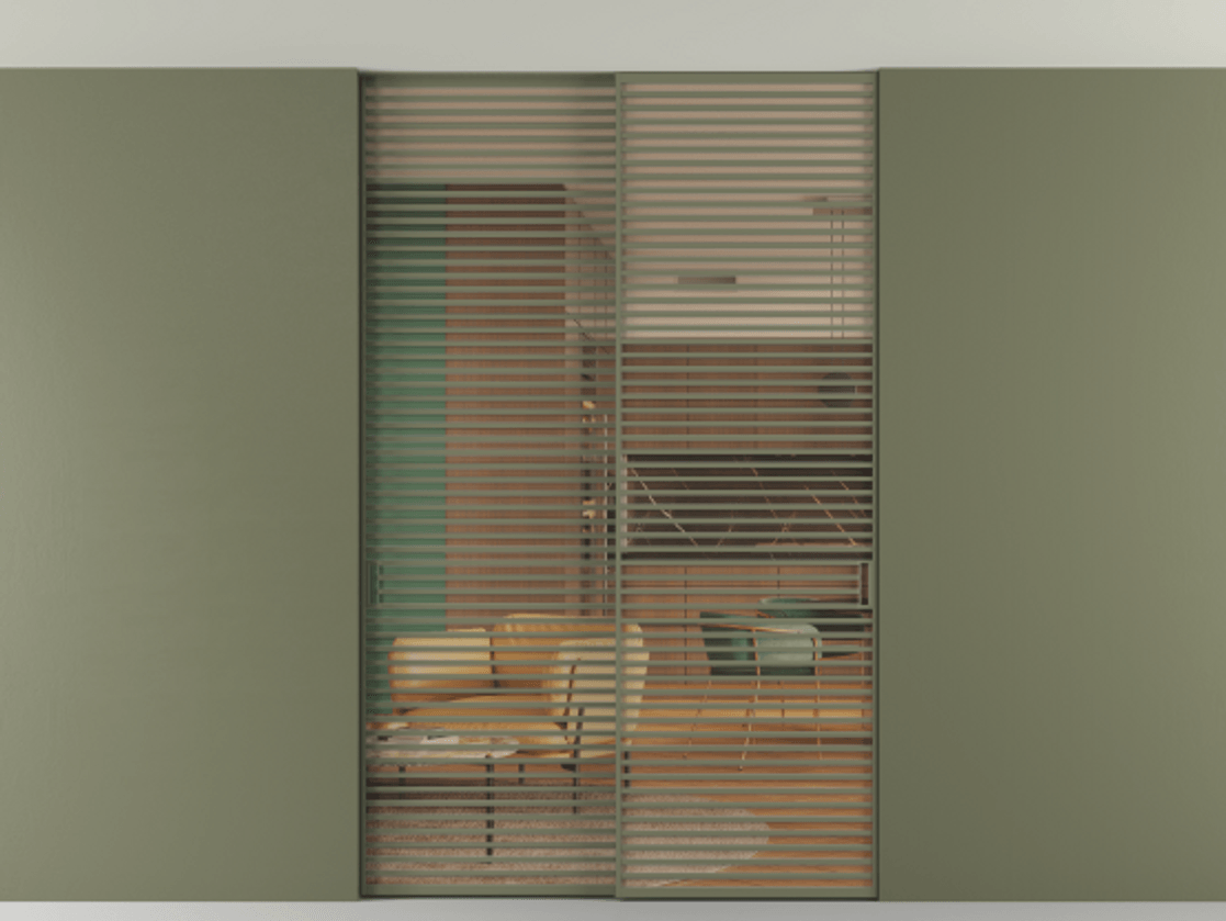 Перегородка Formato внутри проёма скрытое крепление в потолок 2 створки АЛПР 040.07 Алюминий оливковый тёмный Прозрачное оранжевое стекло, триплекс Цена 3152000 ₸ | Volhovec