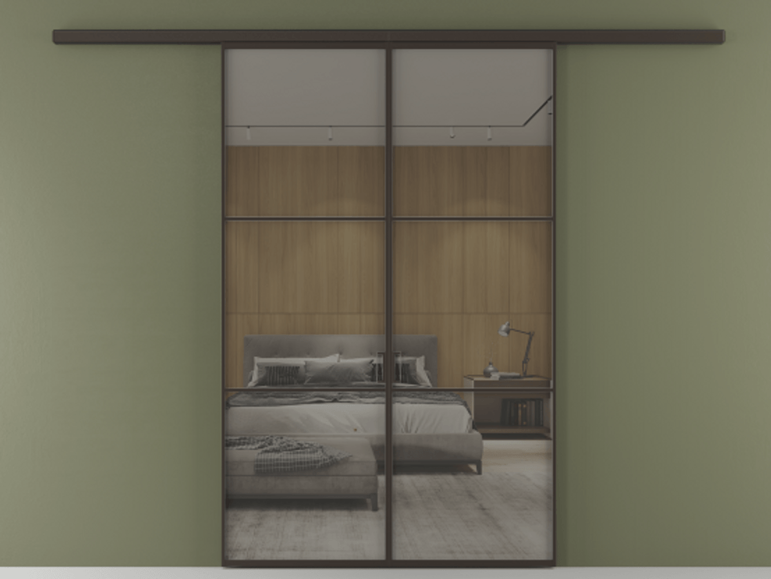 Перегородка Formato вдоль стены двустворчатая АЛПР 040.03 Алюминий антрацит Рефлективное серое стекло "Stopsol", калёное Цена 1553760 ₸ | Volhovec