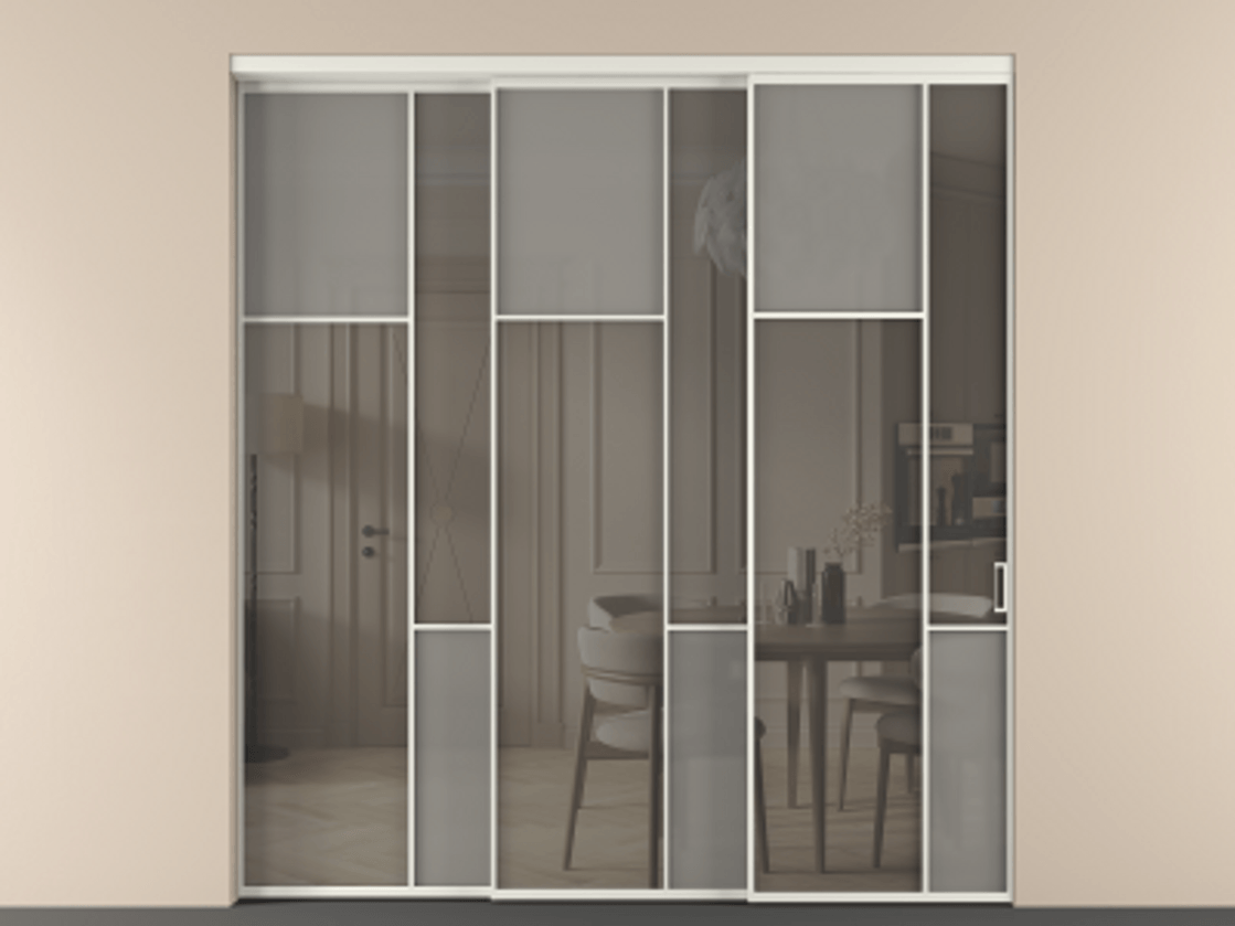 Перегородка Mosaic внутри проёма 3 створки с синхронным механизмом АЛПР 041.10 Алюминий серый Сатинированное серое стекло, триплекс, 6 мм + Прозрачное серое стекло, триплекс Цена 2729310 ₸ | Volhovec