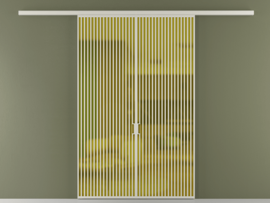 Перегородка Formato вдоль стены 2 створки АЛПР 040.06 Алюминий тёплый серый Сатинированное жёлтое стекло, триплекс Цена 2677000 ₸ | Volhovec