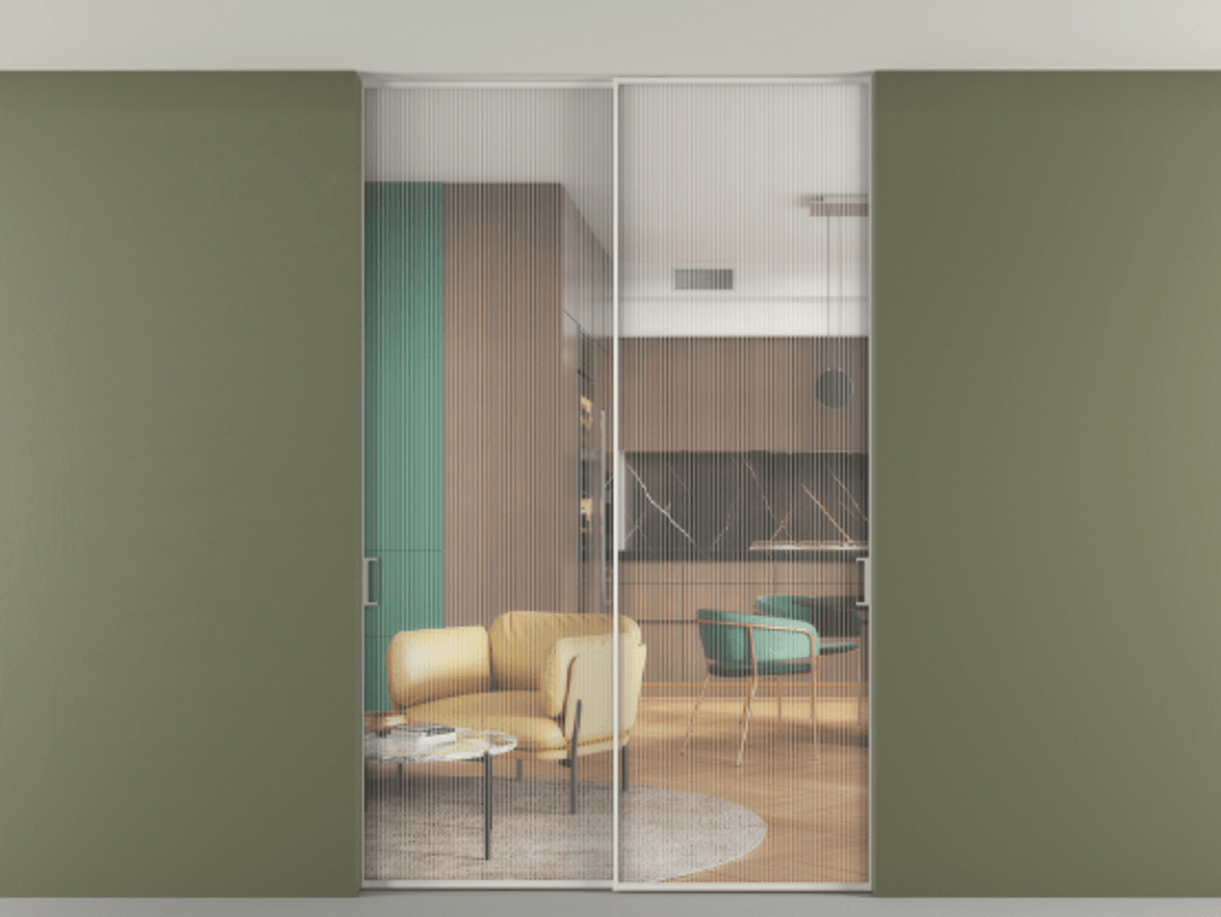 Перегородка Formato внутри проёма скрытое крепление в потолок 2 створки АЛПР 040.01 Алюминий Белый Рифлёное стекло "Moru", триплекс Цена 1785640 ₸ | Volhovec