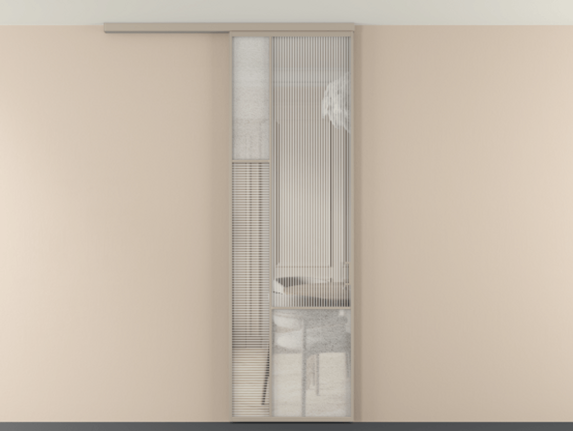 Перегородка Мозаик вдоль стены на потолок 1 створка АЛПР 041.13 Алюминий бисквитный Рифлёное стекло "Дюна", триплекс, 6 мм + Фактурное стекло "Лёд", триплекс Цена 1081382 ₸ | Volhovec