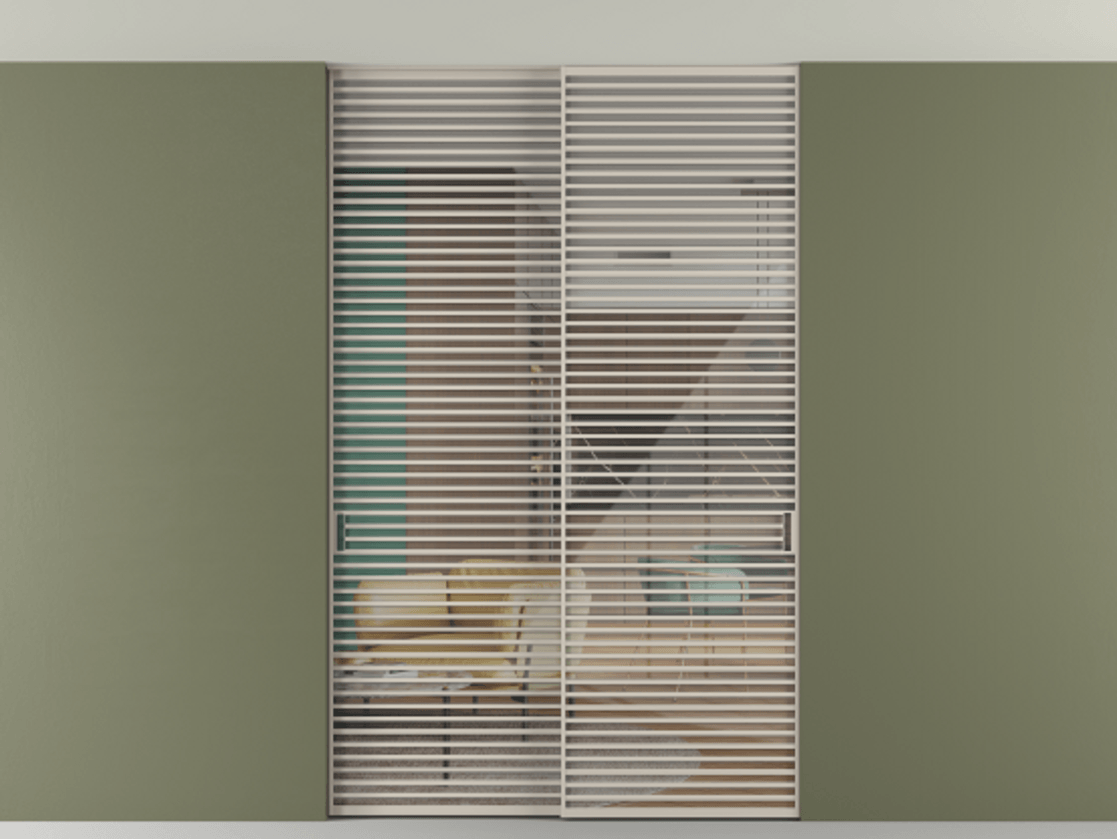 Перегородка Formato внутри проёма скрытое крепление в потолок 2 створки АЛПР 040.07 Алюминий светло-бежевый Рефлективное прозрачное стекло "Stopsol", калёное Цена 3251790 ₸ | Volhovec