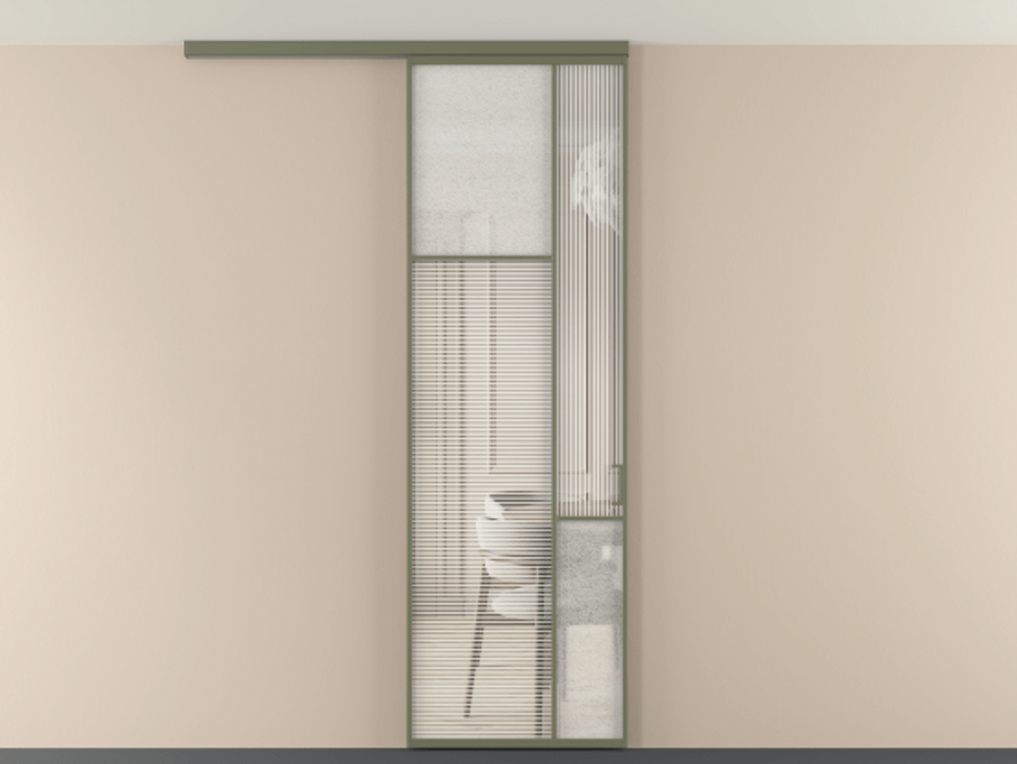 Перегородка Мозаик вдоль стены на потолок 1 створка АЛПР 041.10 Алюминий оливковый тёмный Рифлёное стекло "Дюна", триплекс, 6 мм + Фактурное стекло "Лёд", триплекс Цена 1081382 ₸ | Volhovec