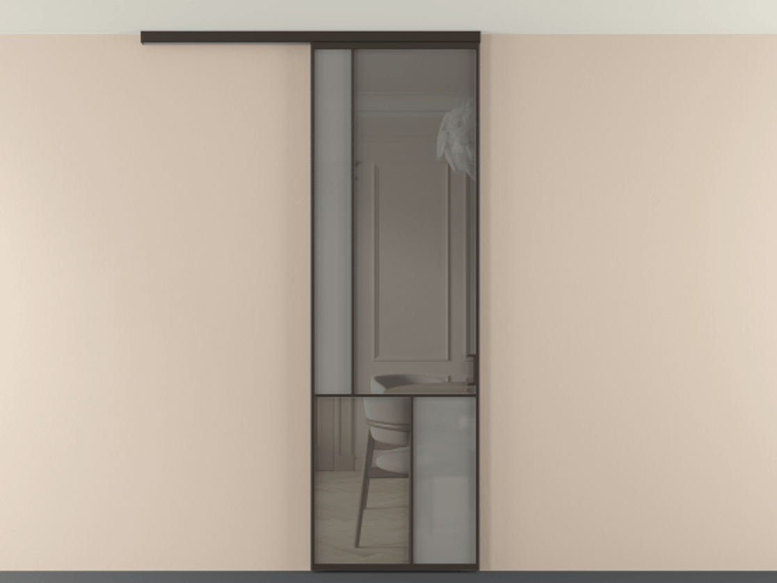 Перегородка Мозаик вдоль стены на потолок 1 створка АЛПР 041.20 Алюминий антрацит Сатинированное серое стекло, триплекс, 6 мм + Прозрачное серое стекло, триплекс Цена 1020902 ₸ | Volhovec