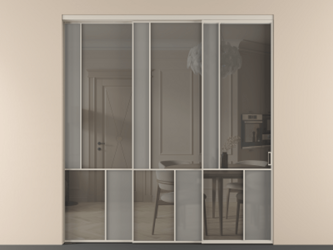 Перегородка Mosaic внутри проёма 3 створки с синхронным механизмом АЛПР 041.20  Алюминий светло-бежевый Сатинированное серое стекло, триплекс, 6 мм + Прозрачное серое стекло, триплекс Цена 2729310 ₸ | Volhovec