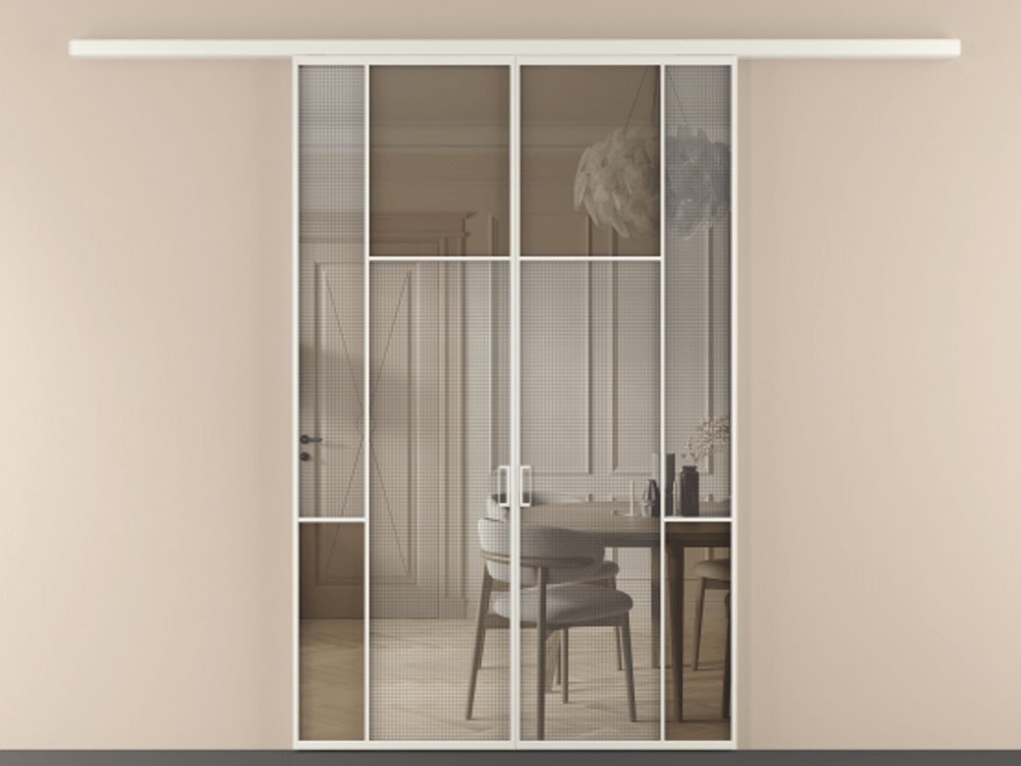 Перегородка Mosaic вдоль стены двустворчатая АЛПР 041.10 Алюминий Белый Mesh silver + Бронза прозрачное триплекс Цена 1546020 ₸ | Volhovec