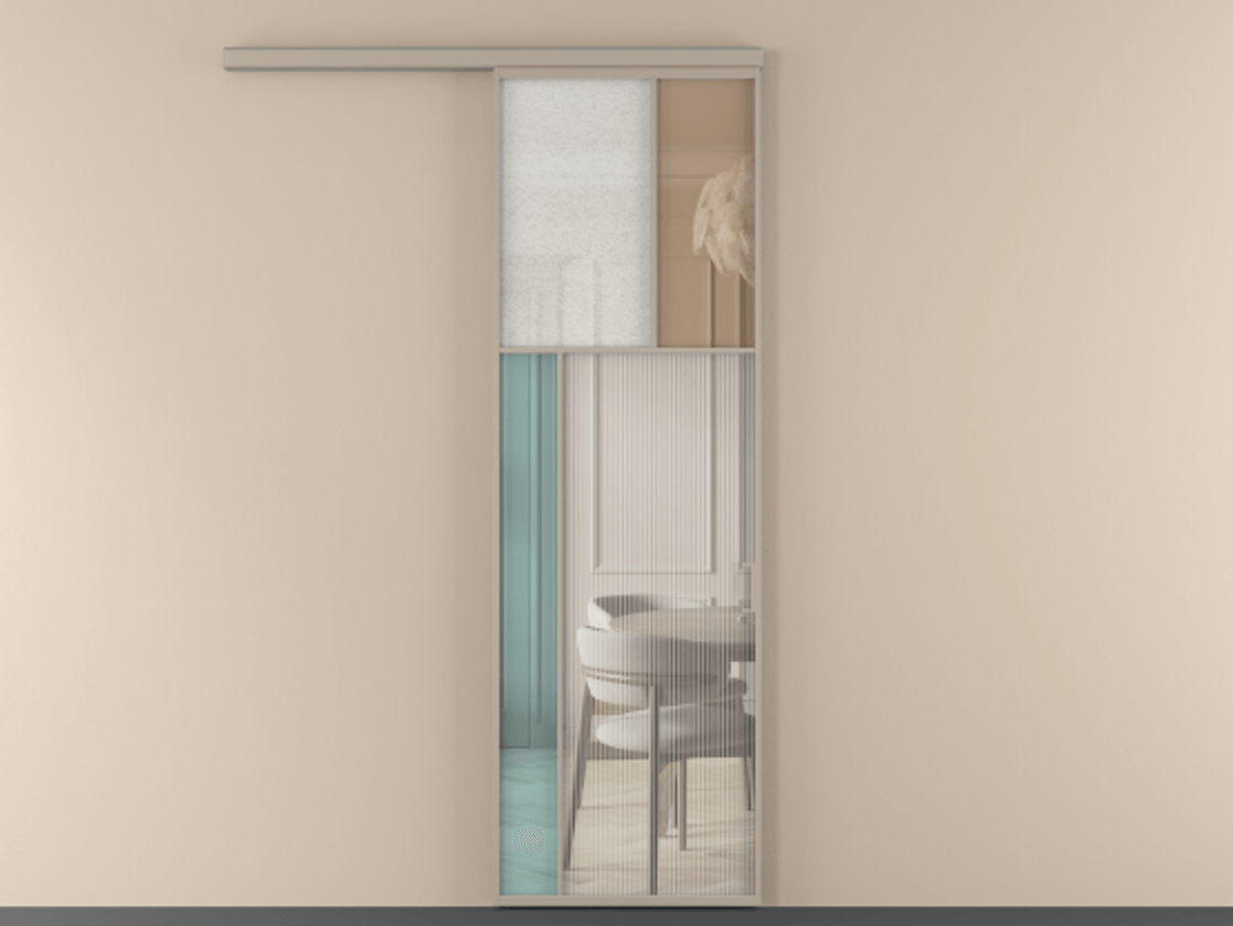 Перегородка Mosaic вдоль стены 1 створка АЛПР 041.22 Алюминий бисквитный Комбинация стекол Группы 1 и Группы 3 Цена 892500 ₸ | Volhovec