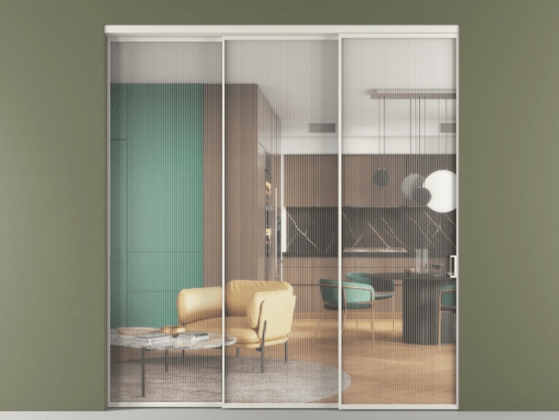 Перегородка Formato внутри проёма телескопик синхро 2 АЛПР 040.01 Алюминий Белый Рифлёное стекло "Moru", триплекс Цена 2243280 ₸  | Volhovec