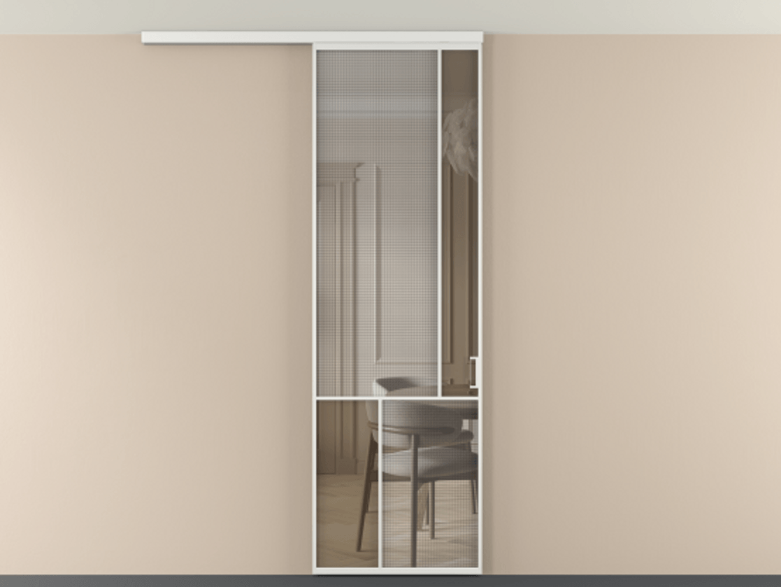 Перегородка Mosaic вдоль стены на потолок 1 створка АЛПР 041.21 Алюминий белоснежный Декоративное стекло с сеткой "Mesh silver", триплекс, 6 мм + Прозрачное бронзовое стекло, триплекс Цена 880090 ₸ | Volhovec