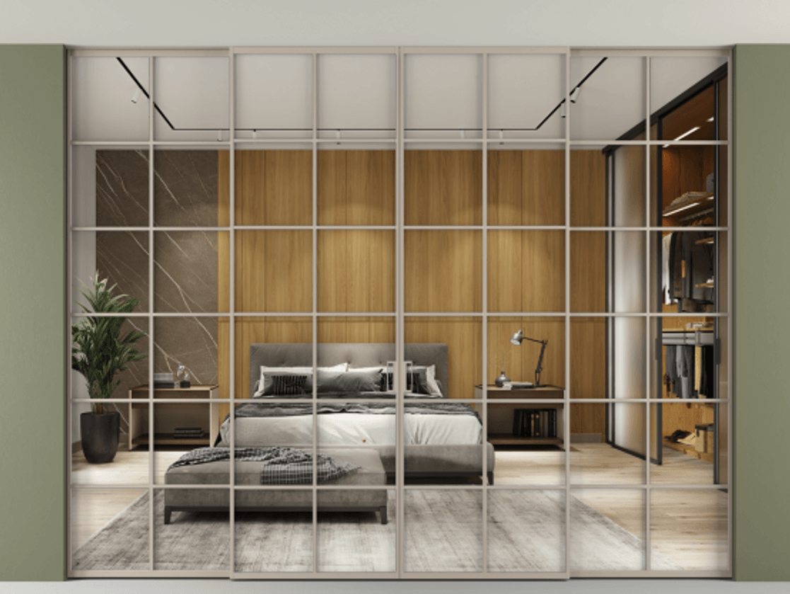 Перегородка Формато внутри проёма скрытое крепление в потолок 4 створки АЛПР 040.05 Алюминий бисквитный Двустороннее зеркало, триплекс , триплекс 6 мм Цена 4214398 ₸ | Volhovec