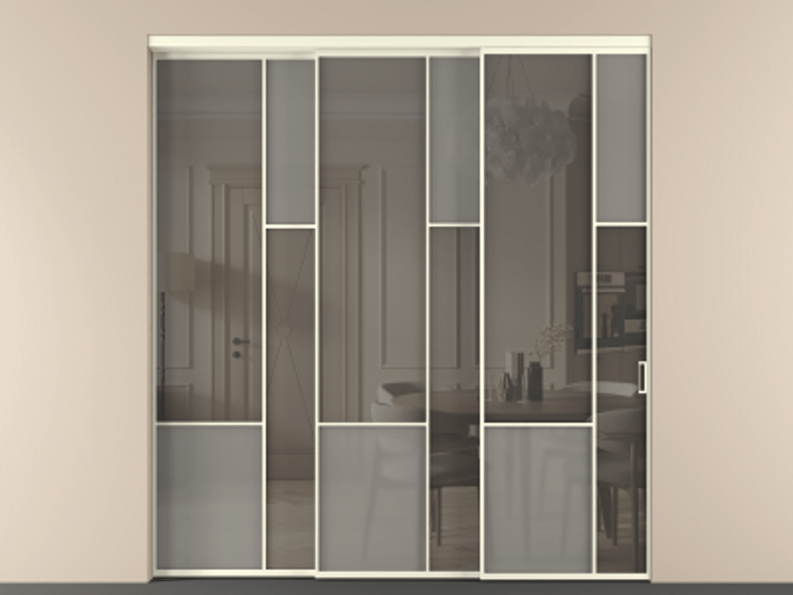 Перегородка Mosaic внутри проёма 3 створки с синхронным механизмом АЛПР 041.12 Алюминий молочно-белый Сатинированное серое стекло, триплекс, 6 мм + Прозрачное серое стекло, триплекс Цена 2729310 ₸ | Volhovec