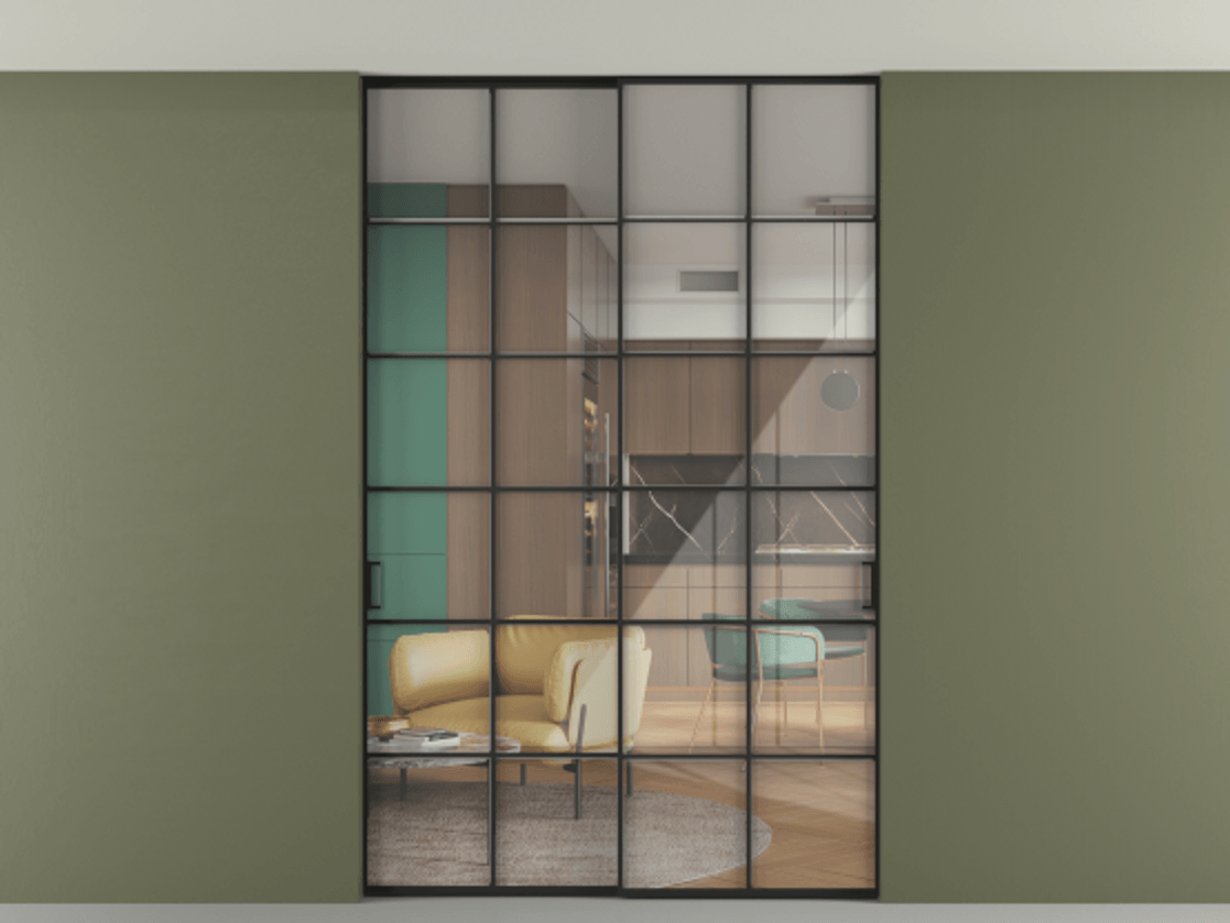 Перегородка Formato внутри проёма скрытое крепление в потолок 2 створки АЛПР 040.05 Алюминий Черный Рефлективное прозрачное стекло "Stopsol", калёное Цена 1958610 ₸ | Volhovec