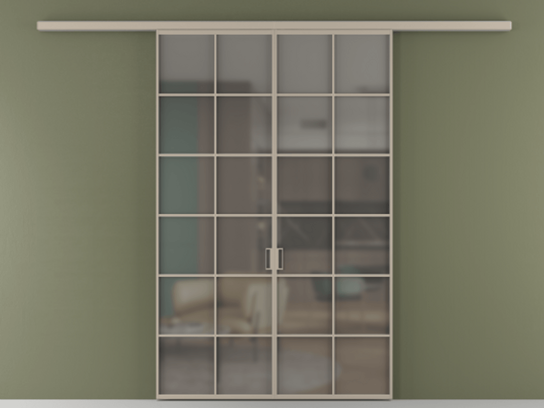 Перегородка Formato вдоль стены двустворчатая АЛПР 040.05 Алюминий бисквитный Сатинированное серое стекло, триплекс Цена 1344350 ₸ | Volhovec