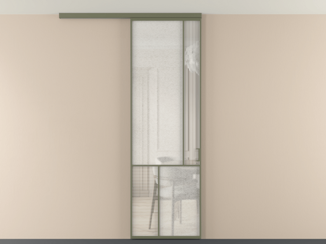 Перегородка Мозаик вдоль стены на потолок 1 створка АЛПР 041.21 Алюминий оливковый тёмный Рифлёное стекло "Дюна", триплекс, 6 мм + Фактурное стекло "Лёд", триплекс Цена 1081382 ₸ | Volhovec