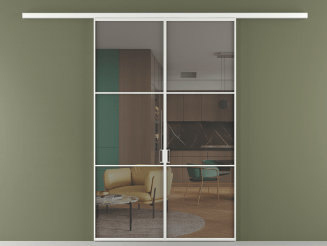 Перегородка Formato вдоль стены 2 створки АЛПР 040.03 Алюминий белоснежный Прозрачное серое стекло, триплекс Цена 1266470 ₸ | Volhovec