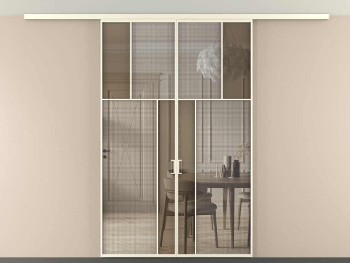 Перегородка Mosaic вдоль стены на потолок двустворчатая АЛПР 041.22 Алюминий молочно-белый Декоративное стекло с сеткой "Mesh silver", триплекс, 6 мм + Прозрачное бронзовое стекло, триплекс, 6 мм Цена 1621901 ₸ | Volhovec