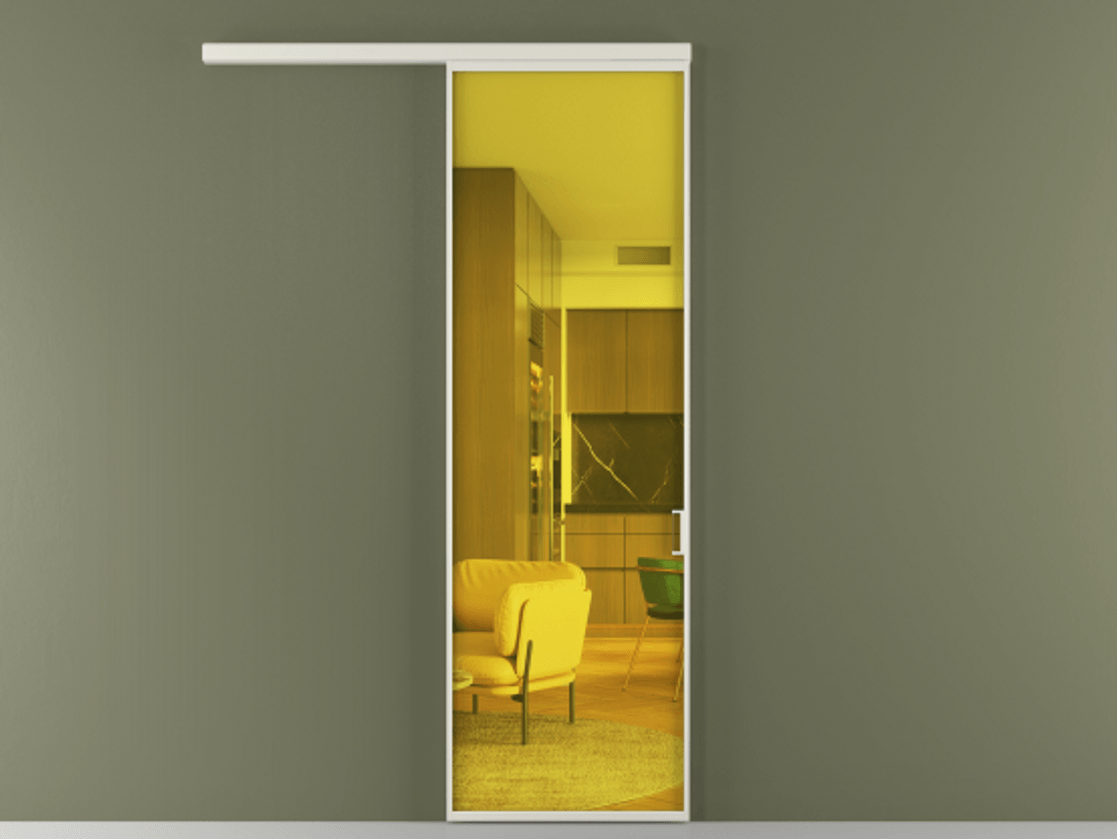 Перегородка Formato вдоль стены 1 створка АЛПР 040.01 Алюминий Белый Прозрачное жёлтое стекло, триплекс Цена 609900 ₸  | Volhovec