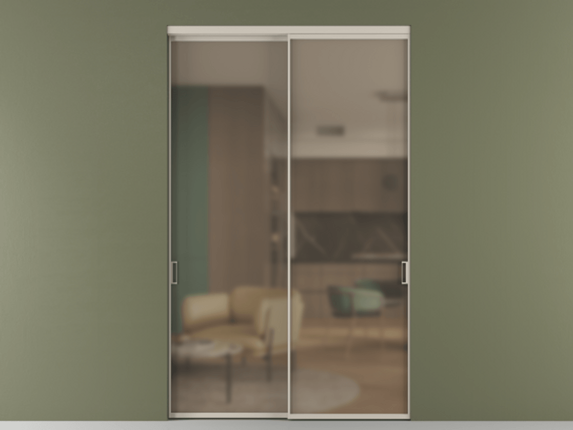 Перегородка Formato внутри проёма двустворчатая АЛПР 040.01 Алюминий светло-бежевый Сатинированное бронзовое стекло, триплекс, 6 мм Цена 1166260 ₸  | Volhovec