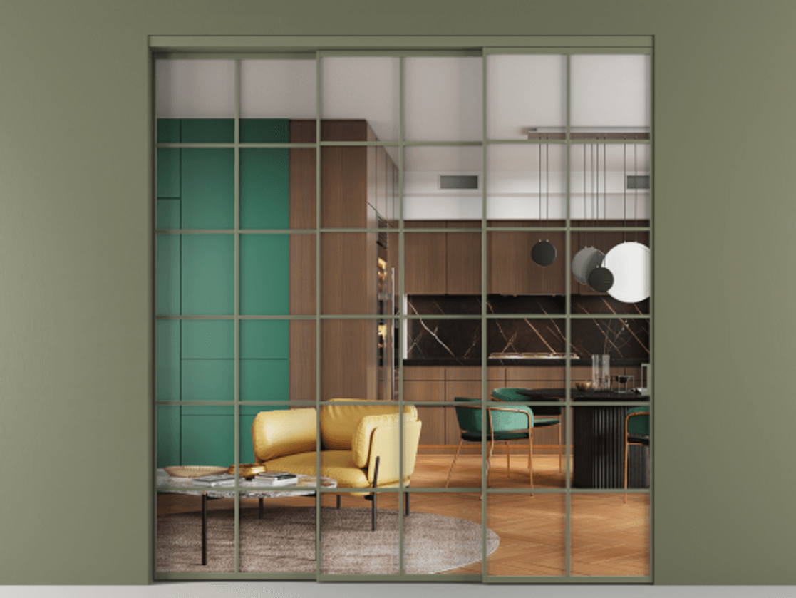 Перегородка Формато внутри проёма 3 створки с синхронным механизмом АЛПР 040.05 Алюминий оливковый тёмный Прозрачное стекло "Кристал Вижн", калёное. Цена 3003739 ₸ 1. Полотно 3 шт. (800/2100 мм)
2. Комплект установки раздвижной системы
3. Базовый комплект фурнитуры
4. Комплект фурнитуры телескопик синхро-2
5.Ручка Рондо. Фабрика дверей Волховец 8 (800) 551 43 19 Перегородка Формато внутри проёма 3 створки с синхронным механизмом АЛПР 040.05 Алюминий оливковый тёмный Прозрачное стекло "Кристал Вижн", калёное Цена 3003739 ₸ | Volhovec