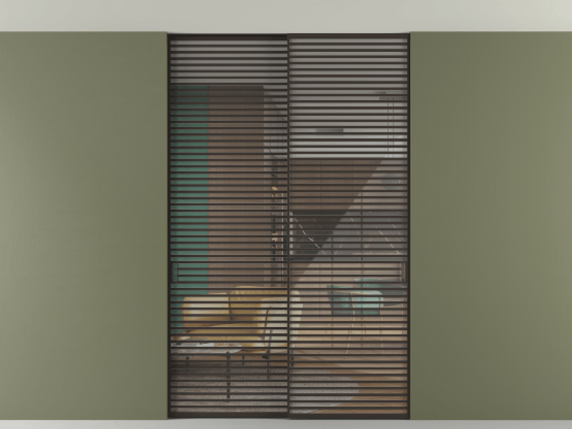 Перегородка Formato внутри проёма скрытое крепление в потолок 2 створки АЛПР 040.07 Алюминий антрацит Рефлективное прозрачное стекло "Stopsol", калёное Цена 3251790 ₸ | Volhovec