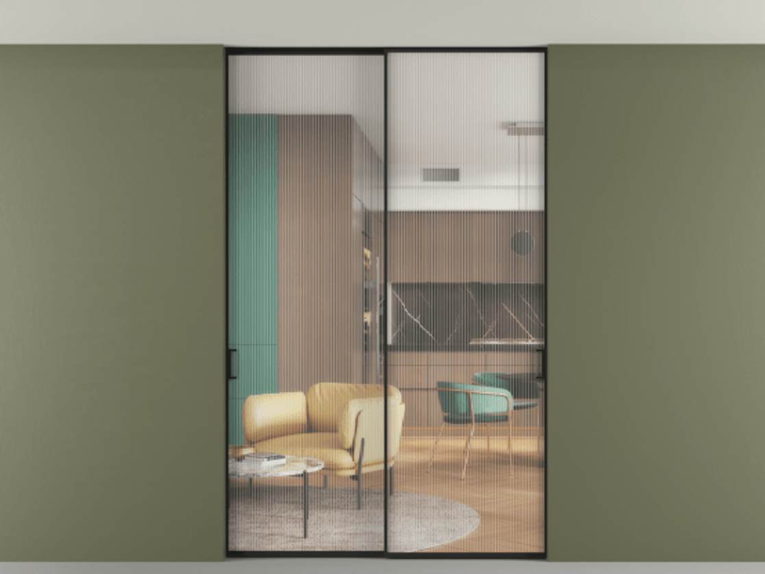 Перегородка Formato внутри проёма скрытое крепление в потолок 2 створки АЛПР 040.01 Алюминий Черный Рифлёное стекло "Moru", триплекс Цена 1583640 ₸ | Volhovec