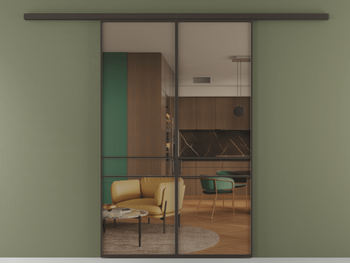 Перегородка Formato вдоль стены двустворчатая АЛПР 040.02 Алюминий антрацит Прозрачное бронзовое стекло, триплекс Цена 1266470 ₸ | Volhovec