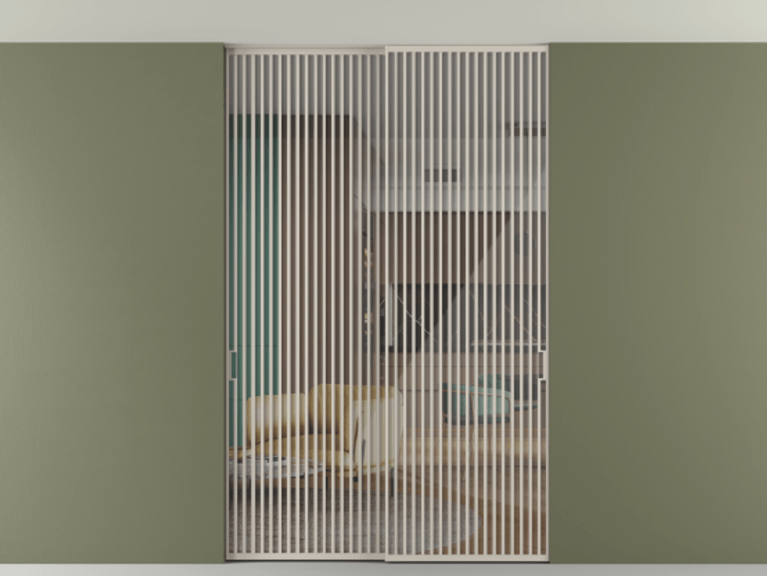 Перегородка Formato внутри проёма скрытое крепление в потолок 2 створки АЛПР 040.06 Алюминий светло-бежевый Рефлективное прозрачное стекло "Stopsol", калёное Цена 3251790 ₸ | Volhovec