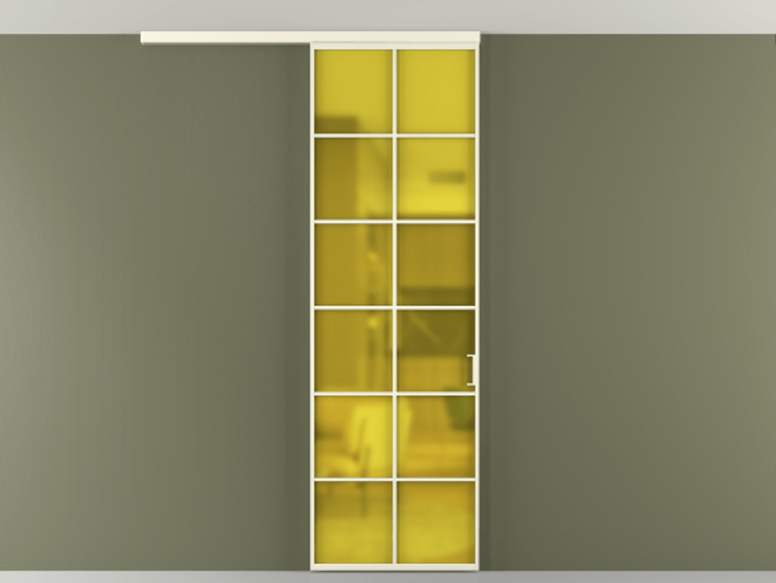 Перегородка Формато вдоль стены на потолок 1 створка АЛПР 040.05 Алюминий молочно-белый Сатинированное жёлтое стекло, триплекс Цена 780891 ₸ | Volhovec