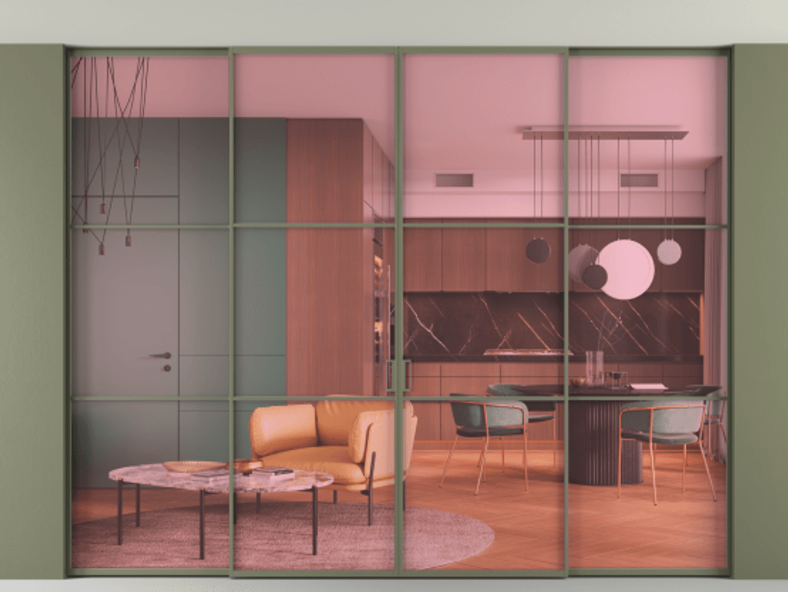 Перегородка Formato внутри проёма скрытое крепление в потолок 4 створки АЛПР 040.03 Алюминий оливковый тёмный Прозрачное розовое стекло, триплекс Цена 2852000 ₸ | Volhovec