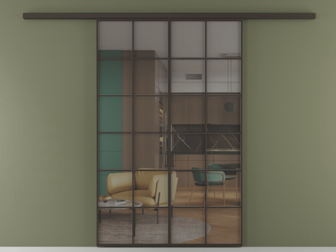 Перегородка Formato вдоль стены 2 створки АЛПР 040.05 Алюминий антрацит Прозрачное серое стекло, триплекс Цена 1344350 ₸ | Volhovec