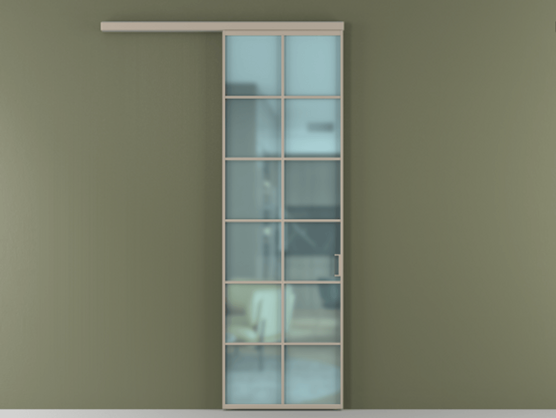 Перегородка Формато вдоль стены 1 створка АЛПР 040.05 Алюминий бисквитный Сатинированное голубое стекло, триплекс Цена 849139 ₸  | Volhovec