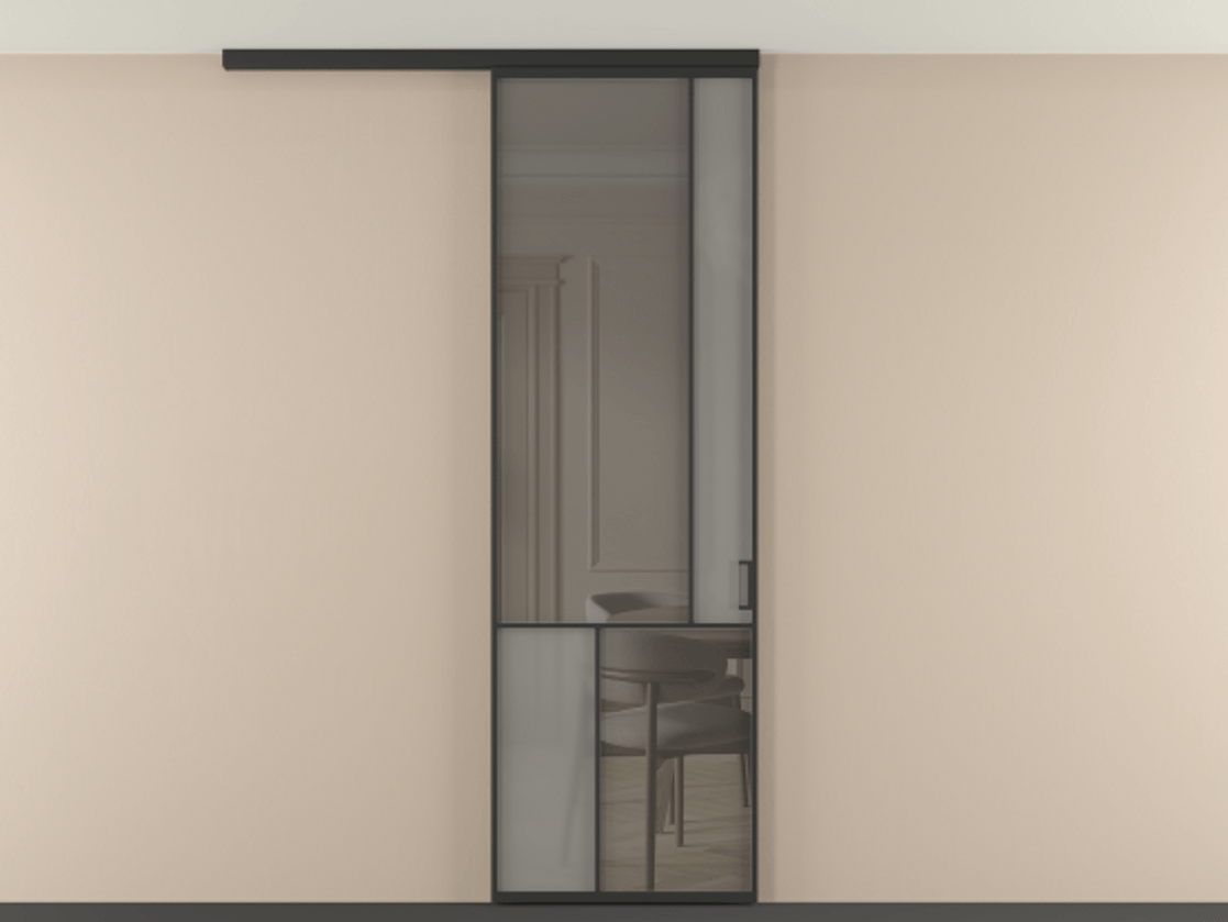 Перегородка Мозаик вдоль стены на потолок 1 створка АЛПР 041.21 Алюминий Черный Сатинированное серое стекло, триплекс, 6 мм + Прозрачное серое стекло, триплекс Цена 979474 ₸ | Volhovec