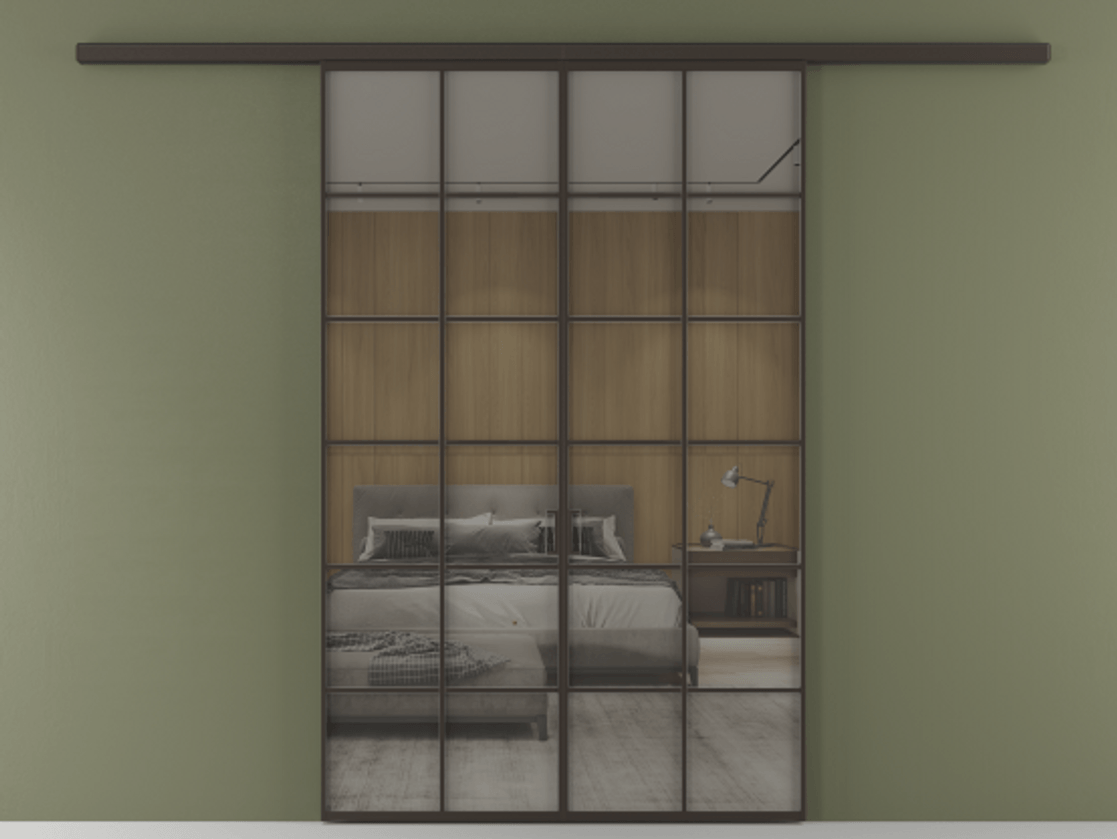 Перегородка Formato вдоль стены 2 створки АЛПР 040.05 Алюминий антрацит Рефлективное серое стекло "Stopsol", калёное Цена 1651100 ₸ | Volhovec