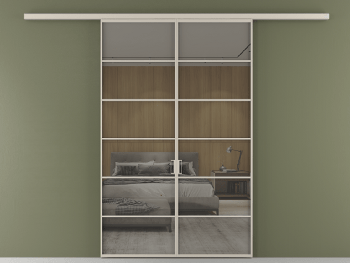 Перегородка Formato вдоль стены 2 створки АЛПР 040.04 Алюминий светло-бежевый Рефлективное серое стекло "Stopsol", калёное Цена 1651100 ₸ | Volhovec