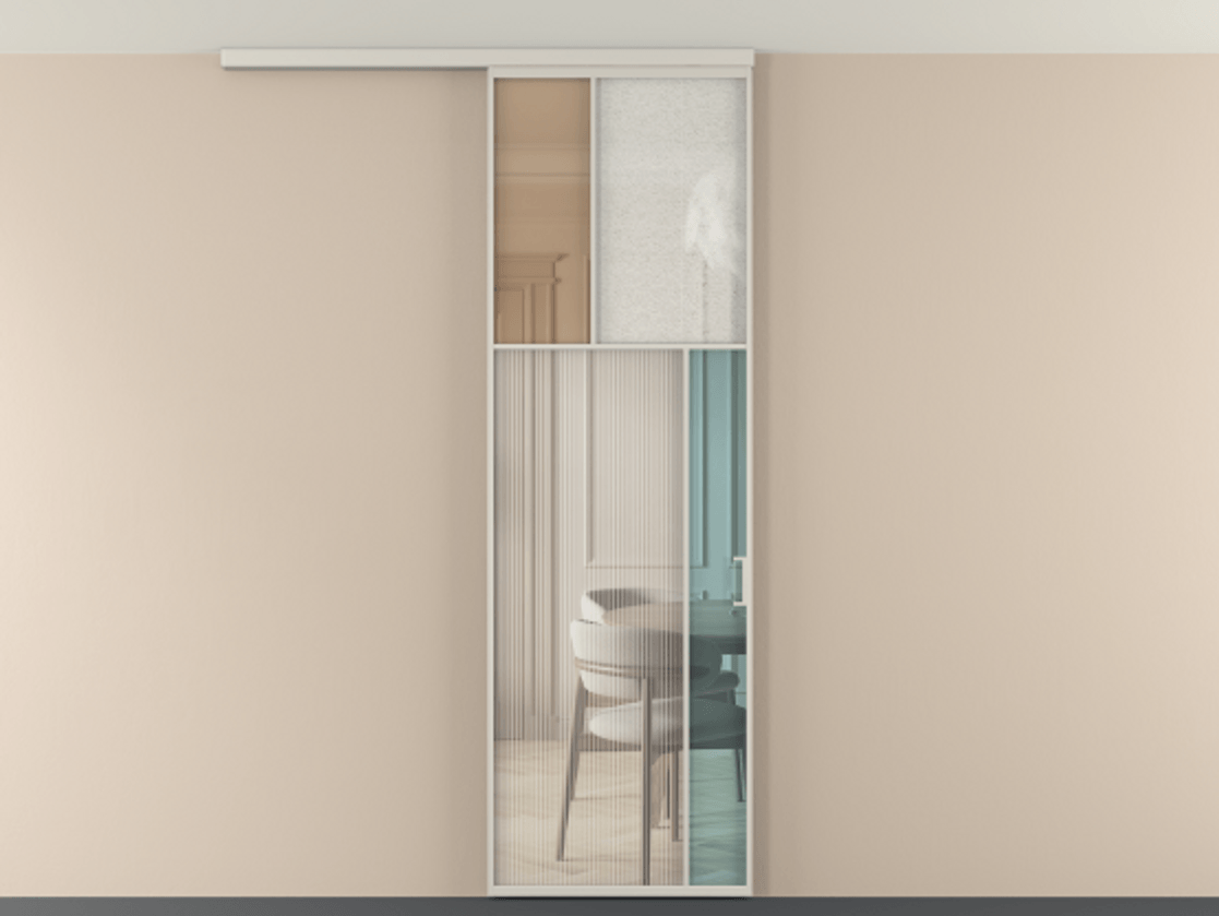 Перегородка Мозаик вдоль стены на потолок 1 створка АЛПР 041.23 Алюминий облачно-серый Комбинация стекол Группы 1 и Группы 3 Цена 1066262 ₸ | Volhovec