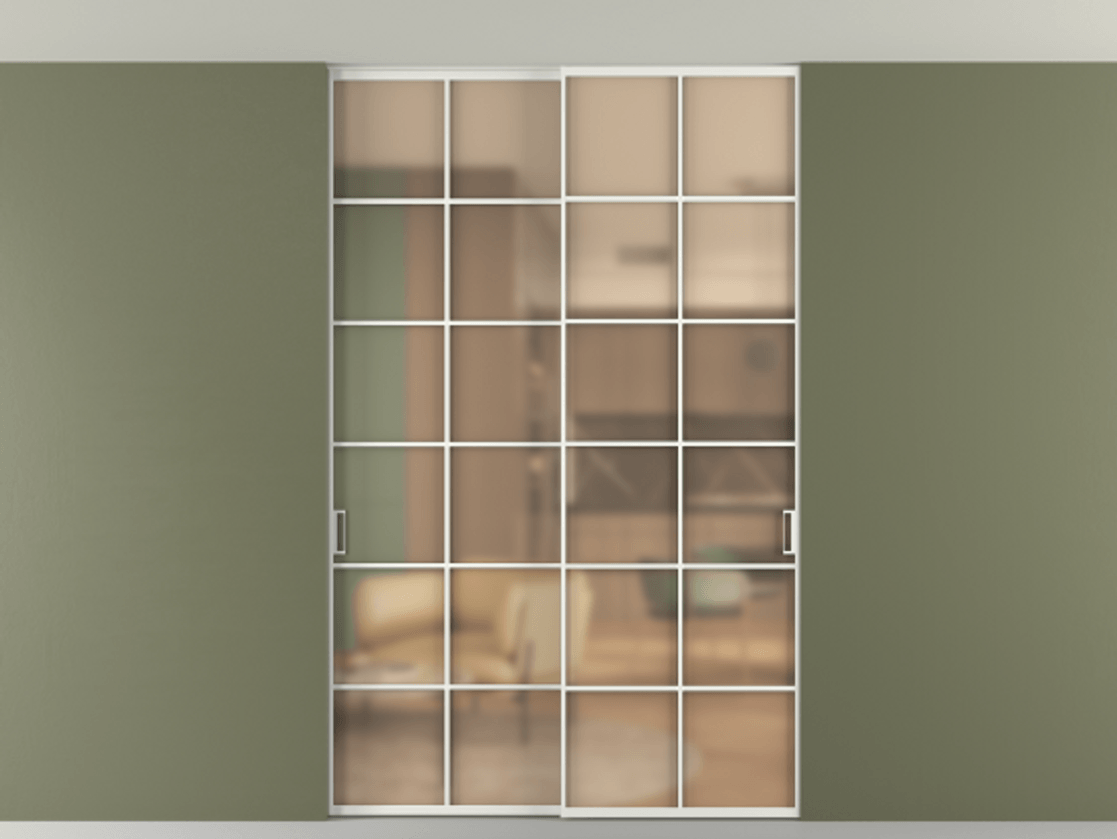 Перегородка Formato внутри проёма скрытое крепление в потолок 2 створки АЛПР 040.05 Алюминий светло-серый Сатинированное оранжевое стекло, триплекс Цена 1686100 ₸ | Volhovec