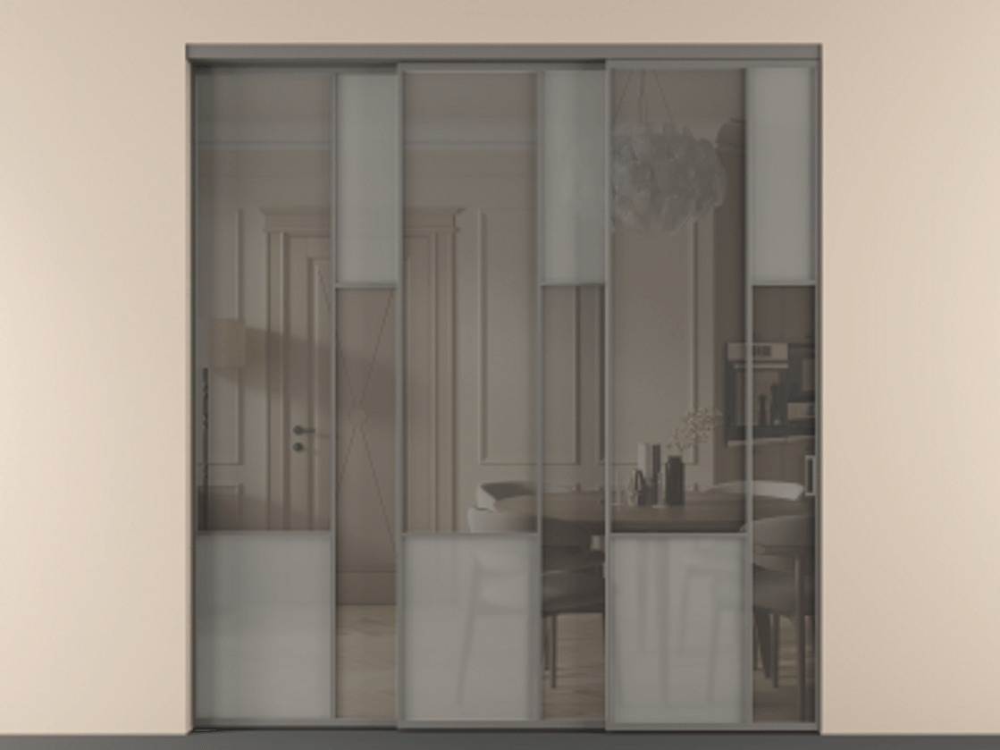 Перегородка Mosaic внутри проёма 3 створки с синхронным механизмом АЛПР 041.12 Алюминий классический серый Сатинированное серое стекло, триплекс, 6 мм + Прозрачное серое стекло, триплекс Цена 2729310 ₸ | Volhovec