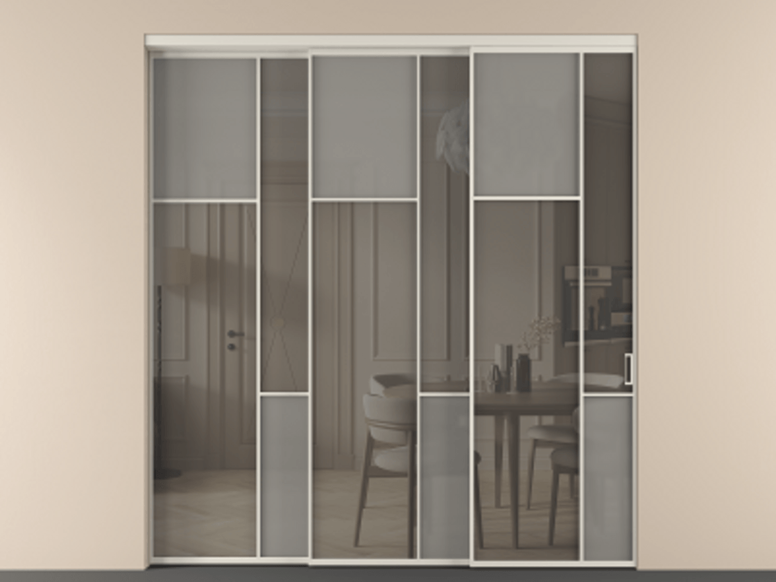 Перегородка Mosaic внутри проёма 3 створки с синхронным механизмом АЛПР 041.10 Алюминий облачно-серый Сатинированное серое стекло, триплекс, 6 мм + Прозрачное серое стекло, триплекс Цена 2729310 ₸ | Volhovec