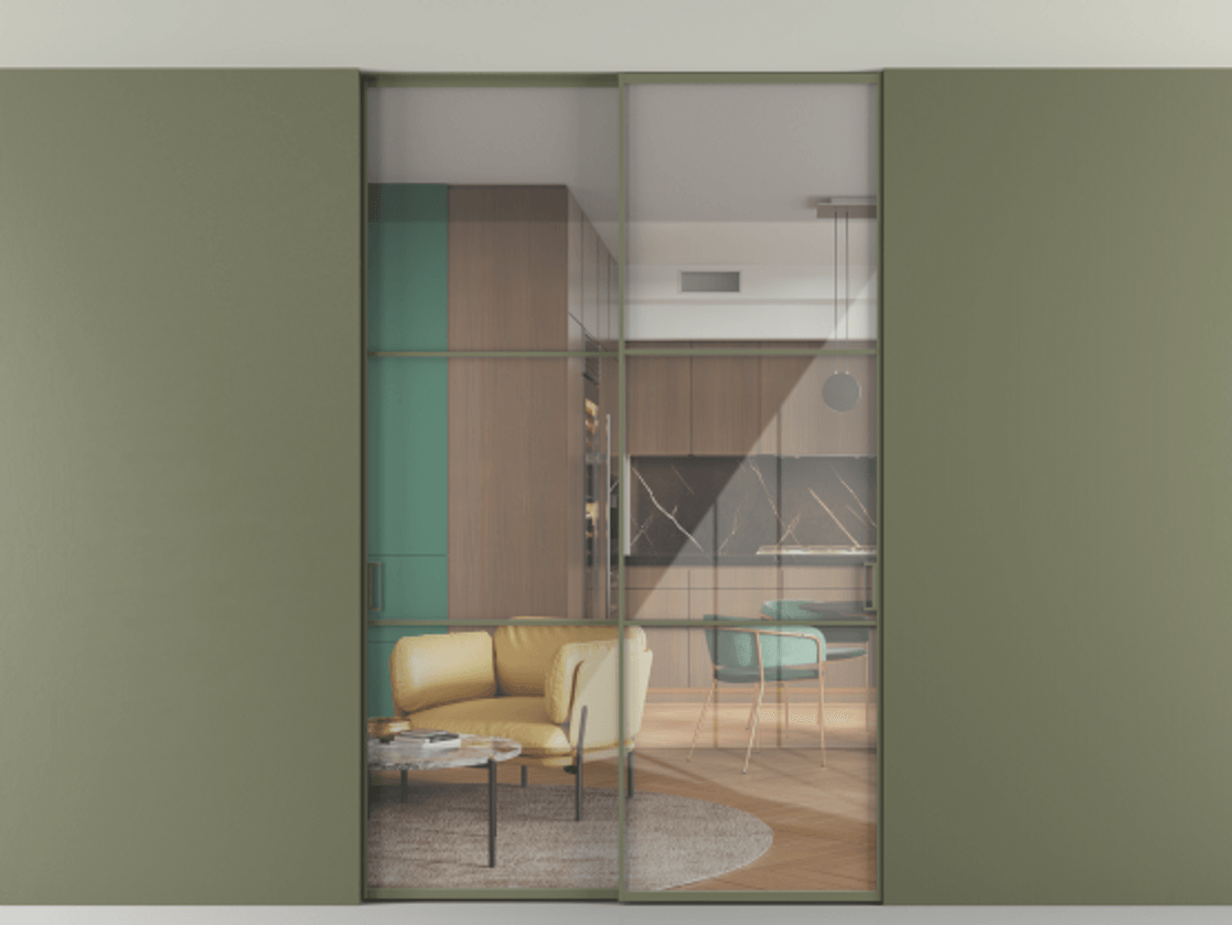 Перегородка Formato внутри проёма скрытое крепление в потолок 2 створки АЛПР 040.03 Алюминий оливковый тёмный Рефлективное прозрачное стекло "Stopsol", калёное Цена 1906440 ₸ | Volhovec