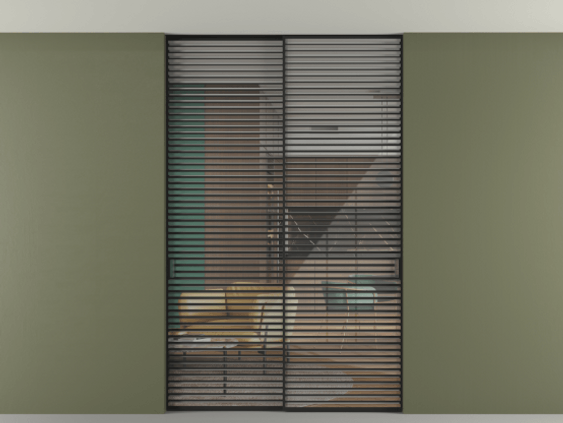 Перегородка Formato внутри проёма скрытое крепление в потолок 2 створки АЛПР 040.07 Алюминий Черный Рефлективное прозрачное стекло "Stopsol", калёное Цена 3137850 ₸ | Volhovec