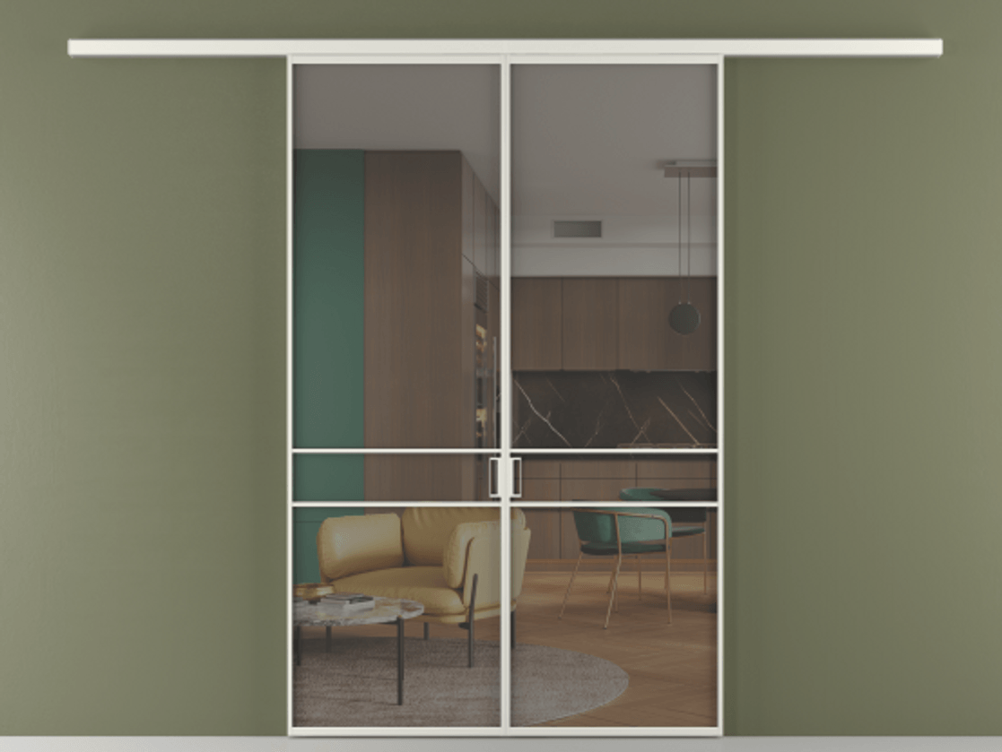 Перегородка Formato вдоль стены двустворчатая АЛПР 040.02 Алюминий серый Прозрачное серое стекло, триплекс Цена 1266470 ₸ | Volhovec