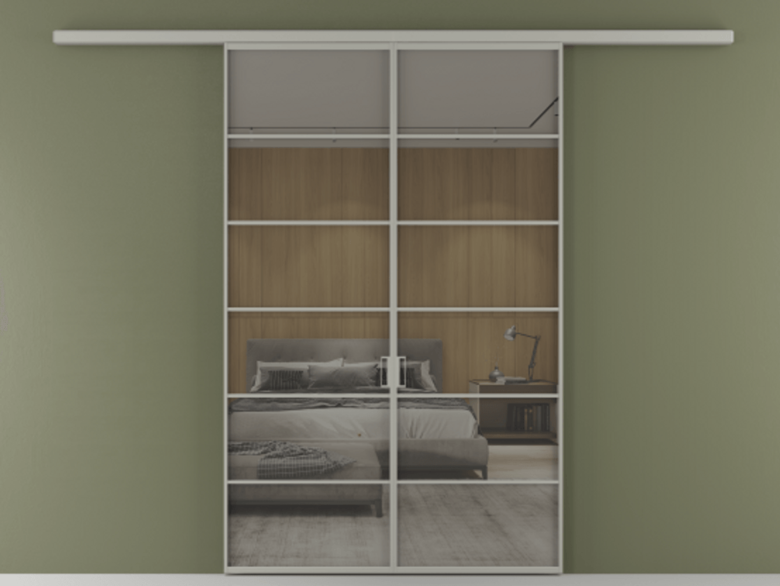 Перегородка Formato вдоль стены двустворчатая АЛПР 040.04 Алюминий нейтральный серый Рефлективное серое стекло "Stopsol", калёное Цена 1651100 ₸ | Volhovec