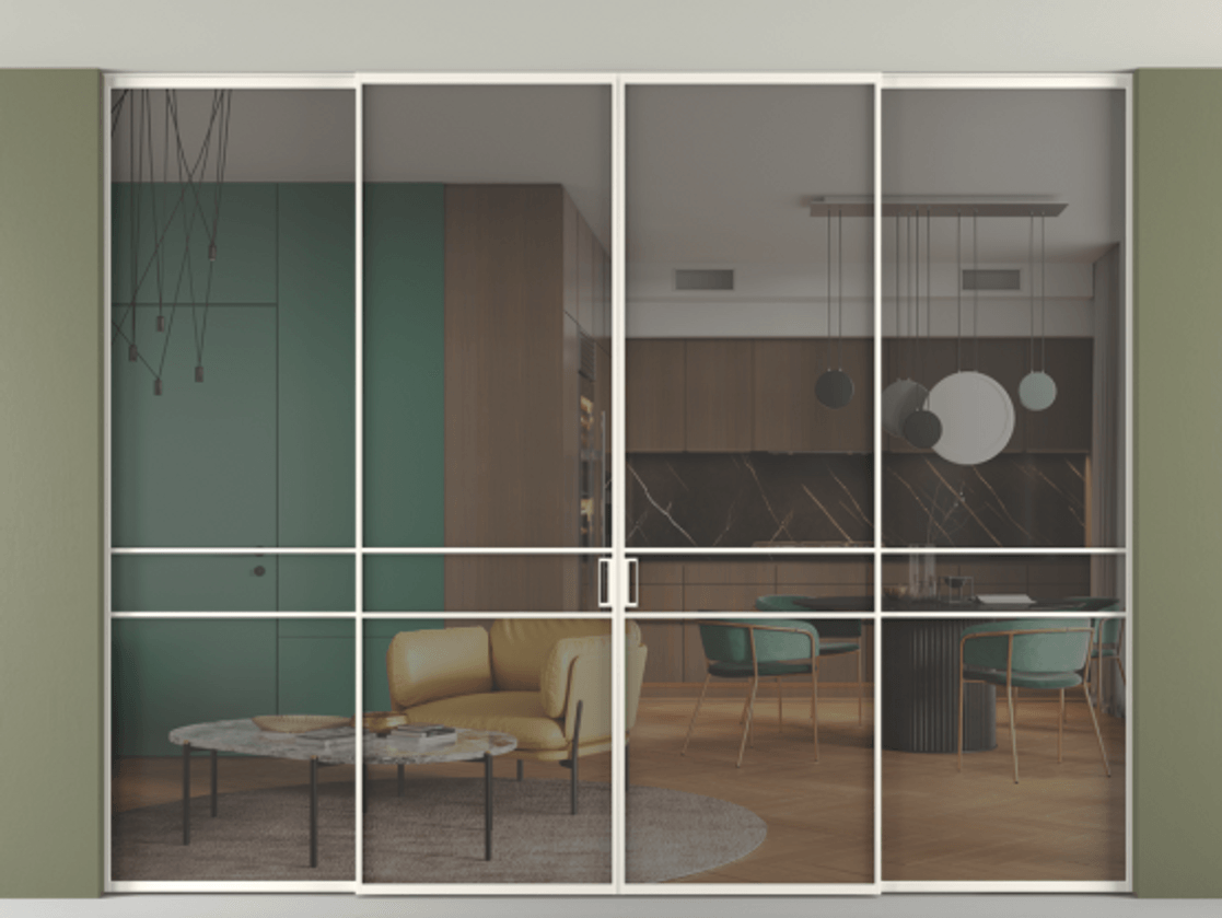 Перегородка Formato внутри проёма скрытое крепление в потолок 4 створки АЛПР 040.02 Алюминий пудровый белый Прозрачное серое стекло, триплекс Цена 2852000 ₸ | Volhovec