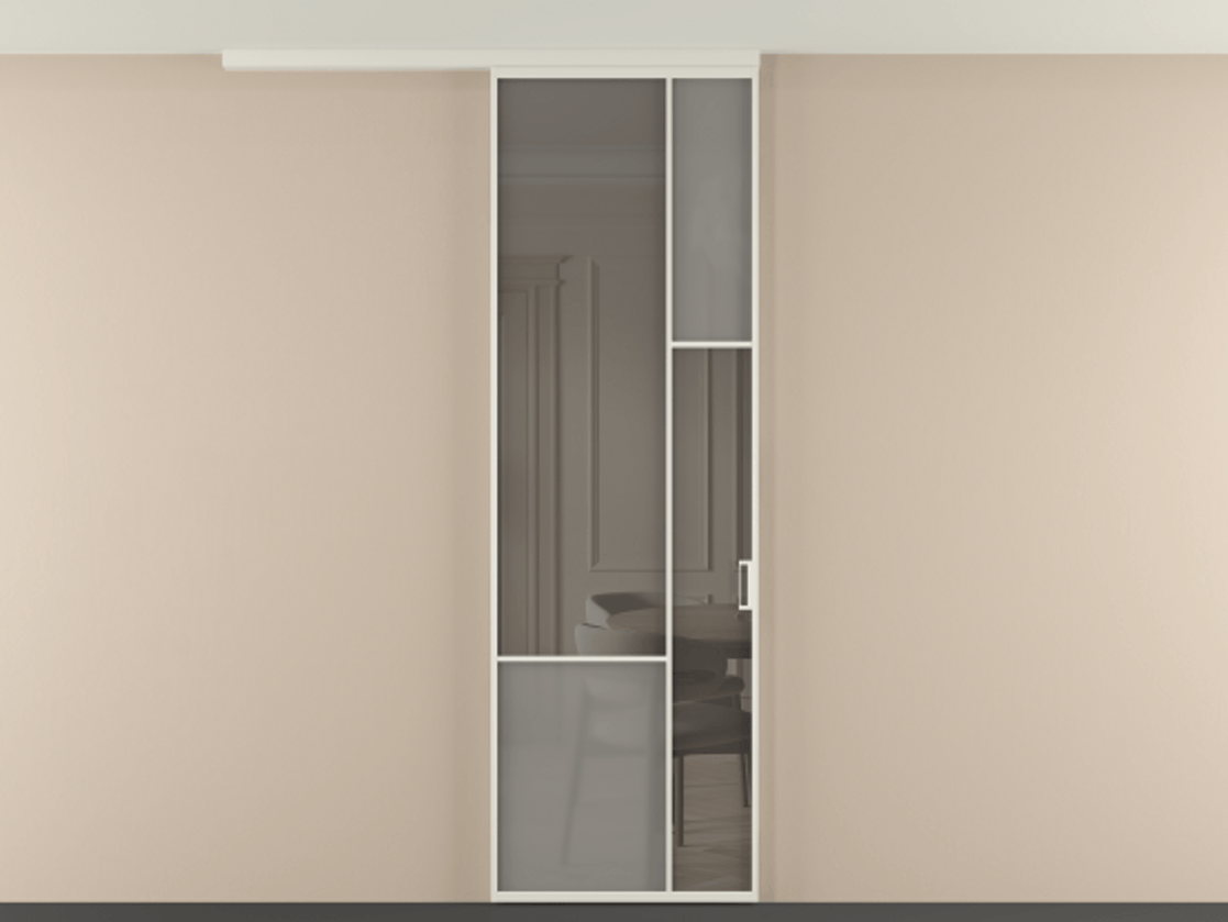 Перегородка Мозаик вдоль стены на потолок 1 створка АЛПР 041.12 Алюминий Белый Сатинированное серое стекло, триплекс, 6 мм + Прозрачное серое стекло, триплекс Цена 979474 ₸ | Volhovec