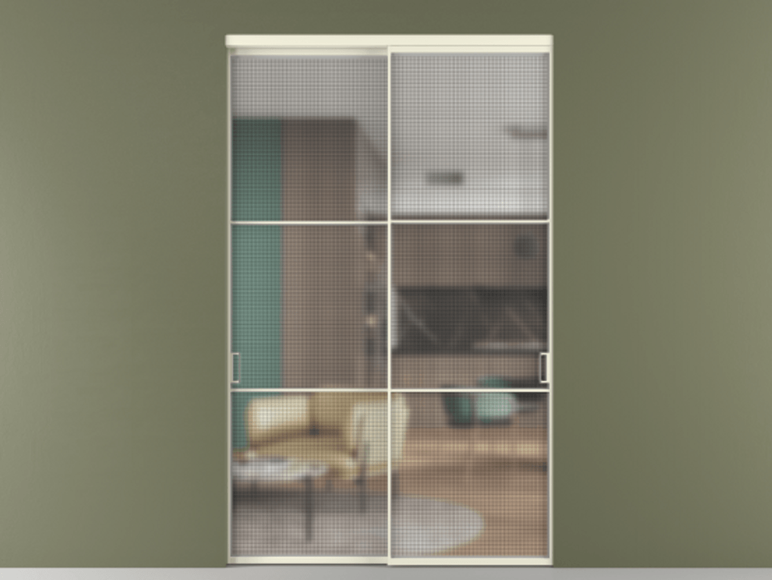 Перегородка Formato внутри проёма 2 створки АЛПР 040.03 Алюминий молочно-белый Декоративное стекло с сеткой "Mesh silver", триплекс Цена 2984590 ₸  | Volhovec