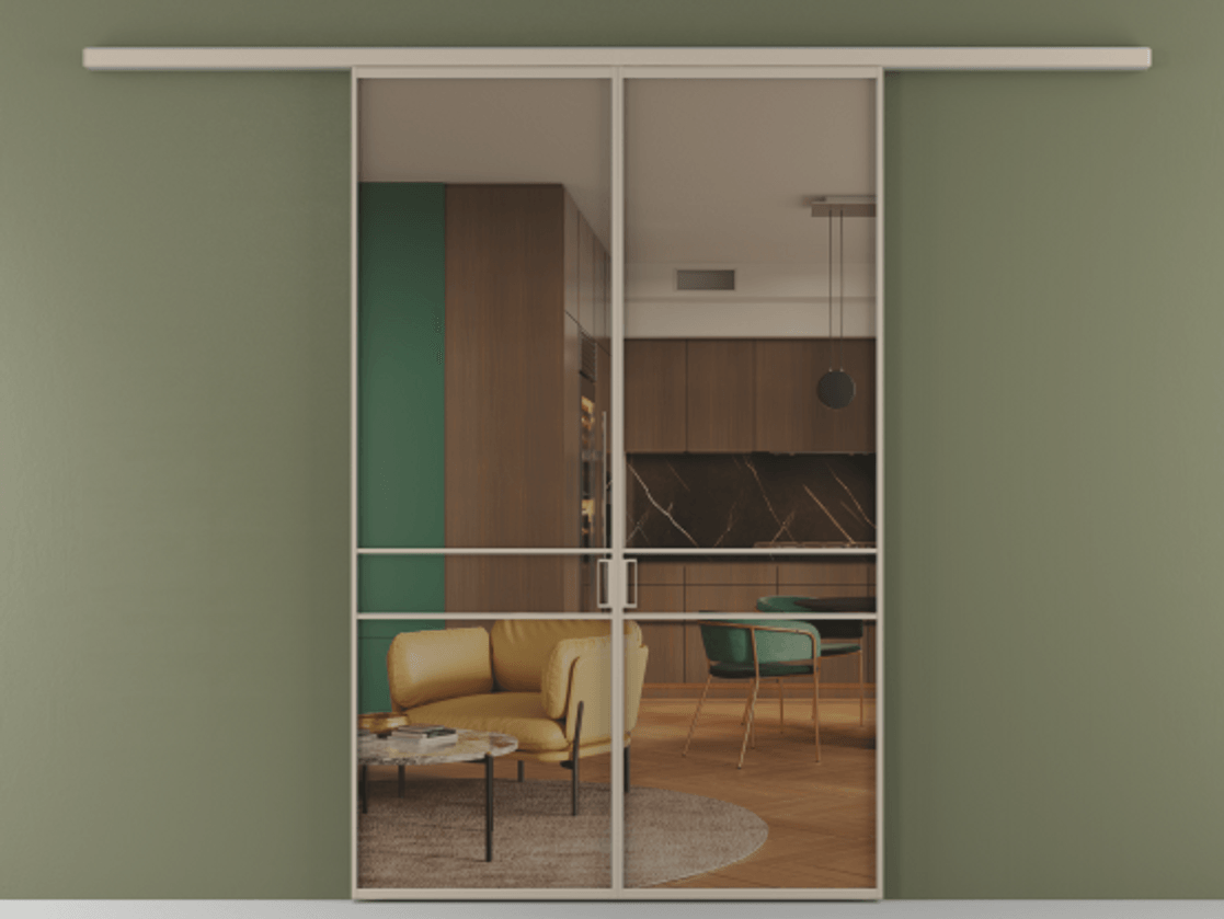 Перегородка Formato вдоль стены 2 створки АЛПР 040.02 Алюминий бисквитный Прозрачное бронзовое стекло, триплекс Цена 1266470 ₸ | Volhovec